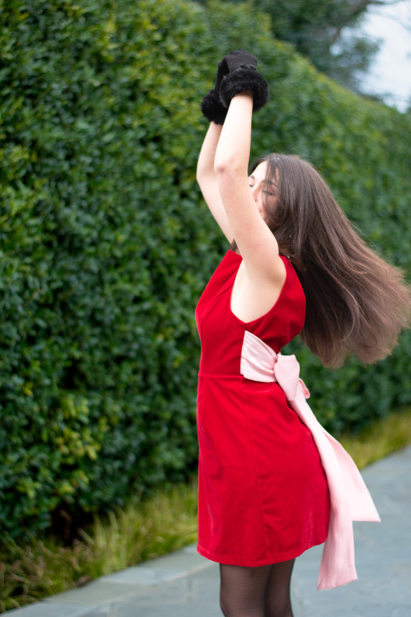 Red Velvet Dress with Pink Satin Bow