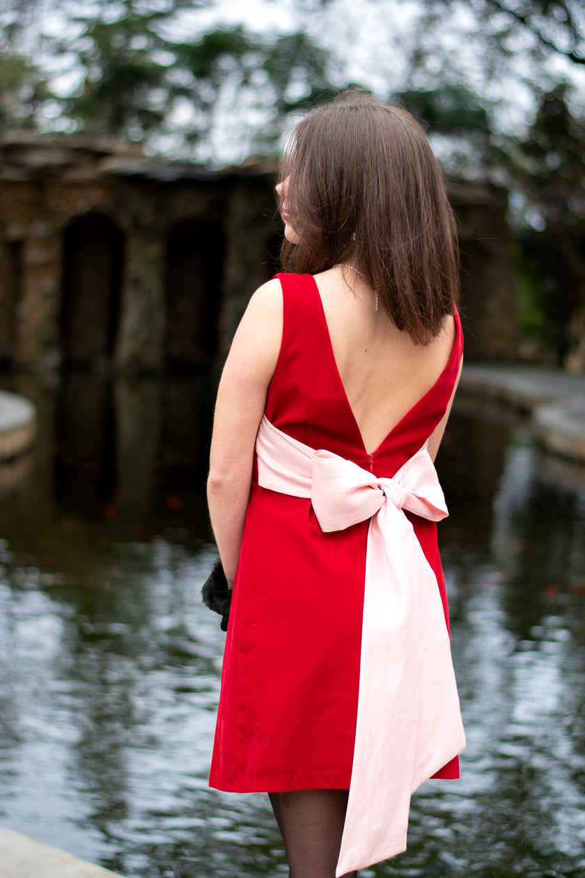 Red Velvet Dress with Pink Satin Bow