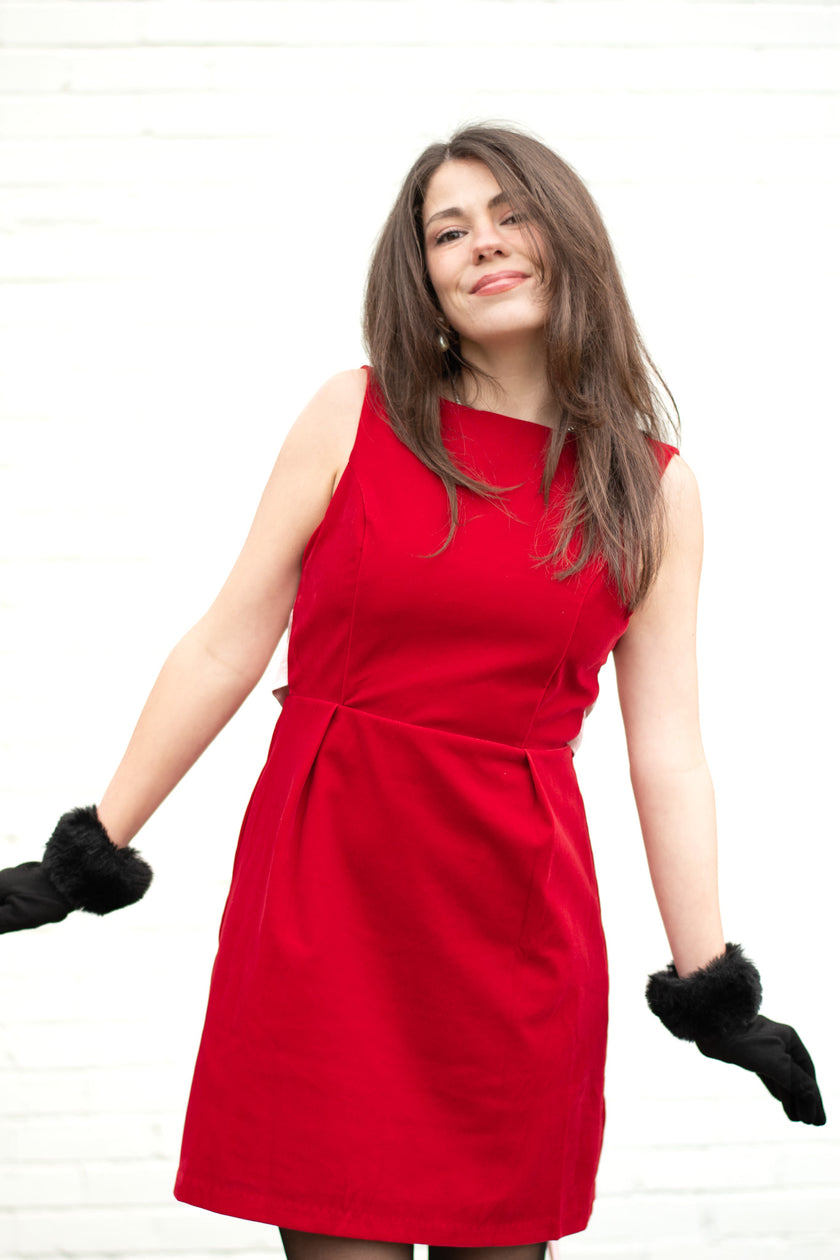 Red Velvet Dress with Pink Satin Bow